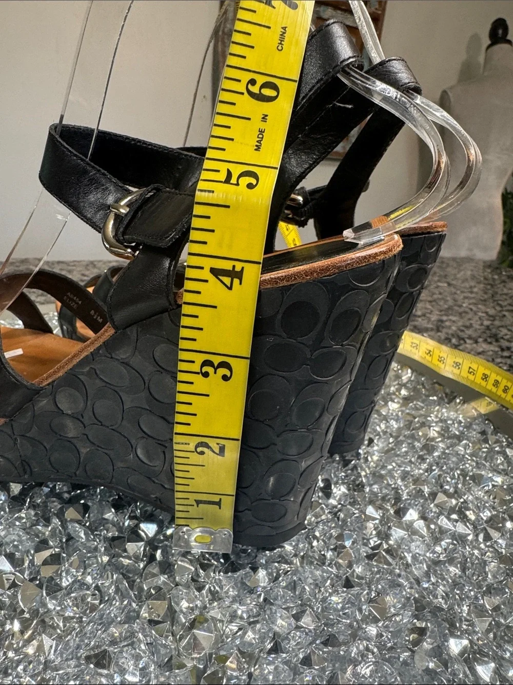 Coach Elize leather Black Logo-Embossed Wedge Sandals with Buckle Detail